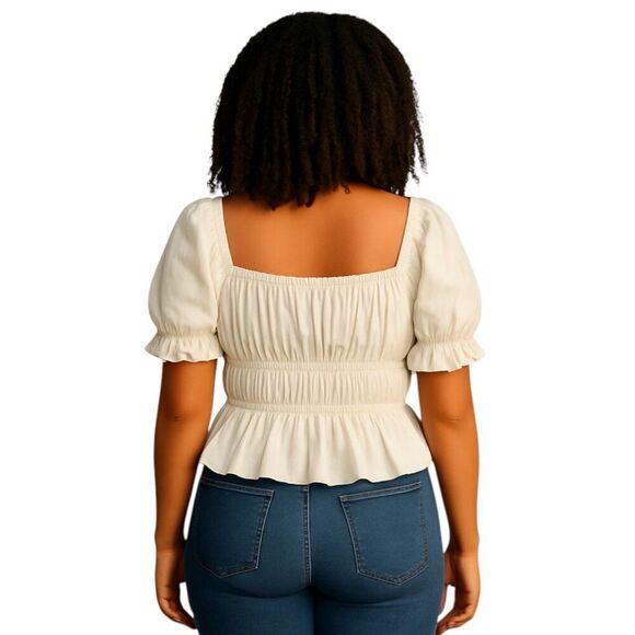 NEW Reformation X-Large White Cotton Blouse Sweetheart Neck Peplum Shirred - Picture 2 of 16